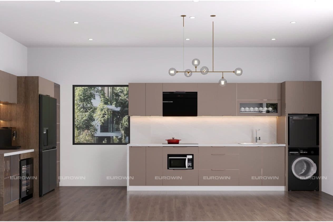 Tủ bếp inox cánh kính nhám với bề mặt mịn, tạo cảm giác ấm cúng