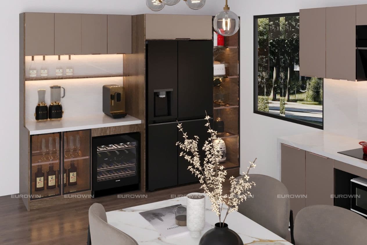 Tủ bếp inox cánh kính nhám với ưu điểm hạn chế lộ dấu vân tay