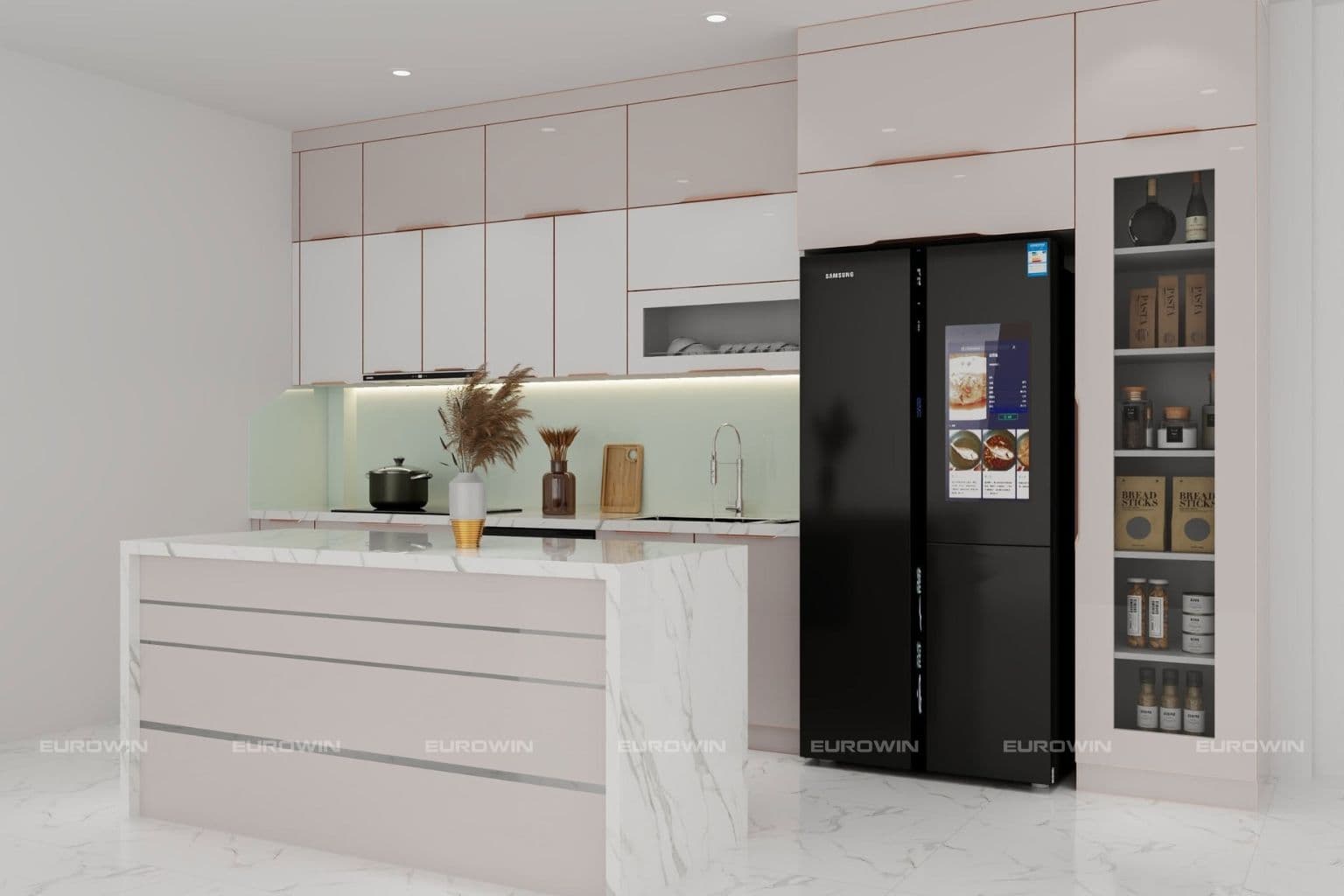 Tủ bếp inox cánh kính với phong cách hiện đại
