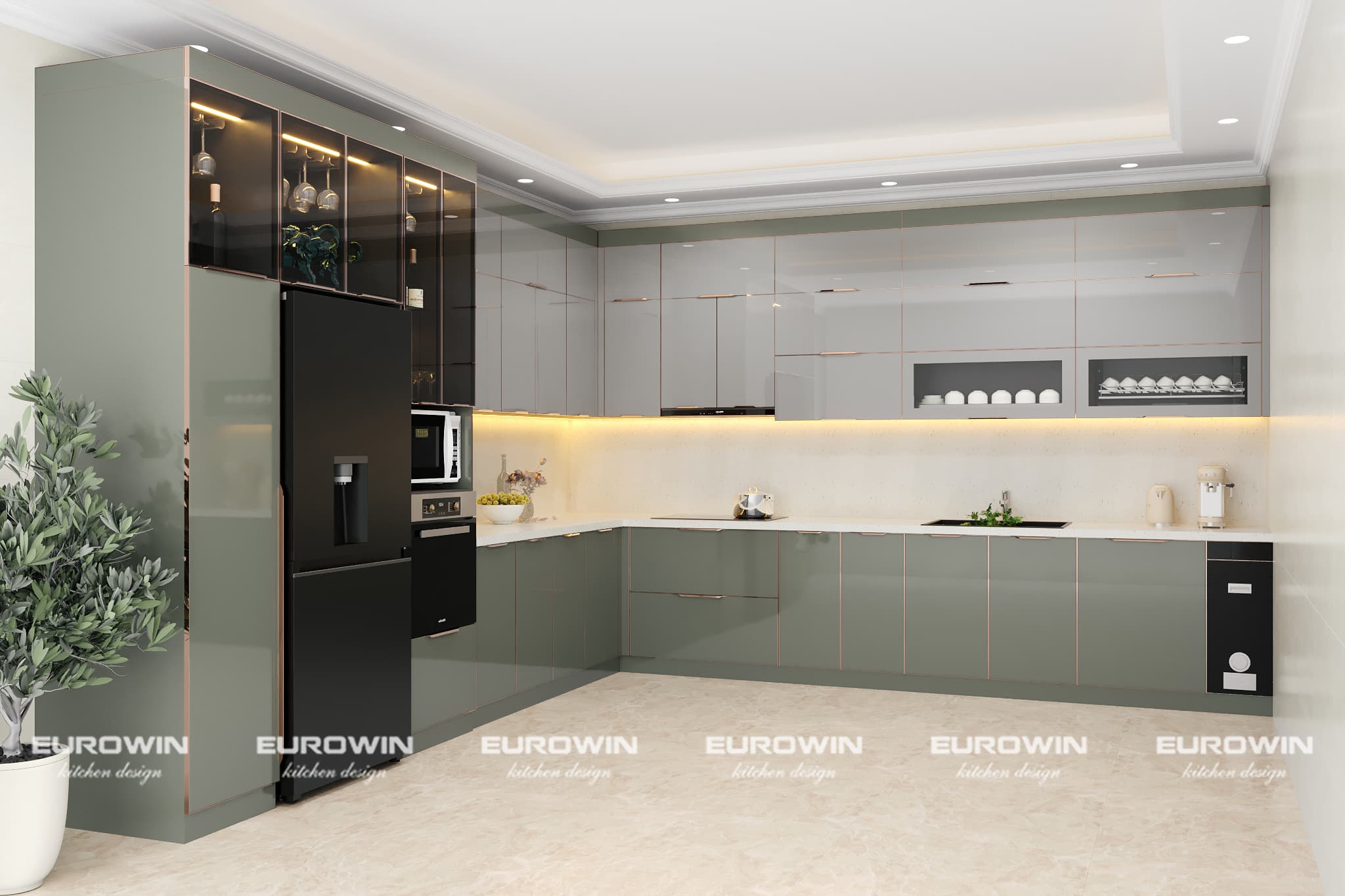 Mẫu tủ bếp inox cánh kính màu xanh Olive hiện đại